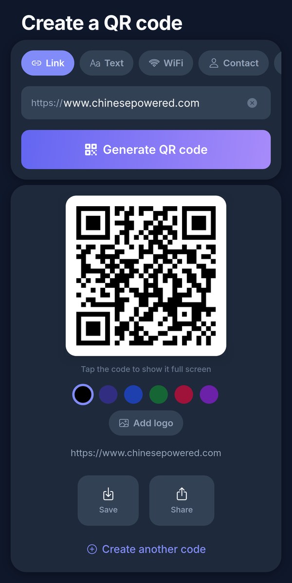 The Create tab in dark mode, showing a QR code on a dark slate background