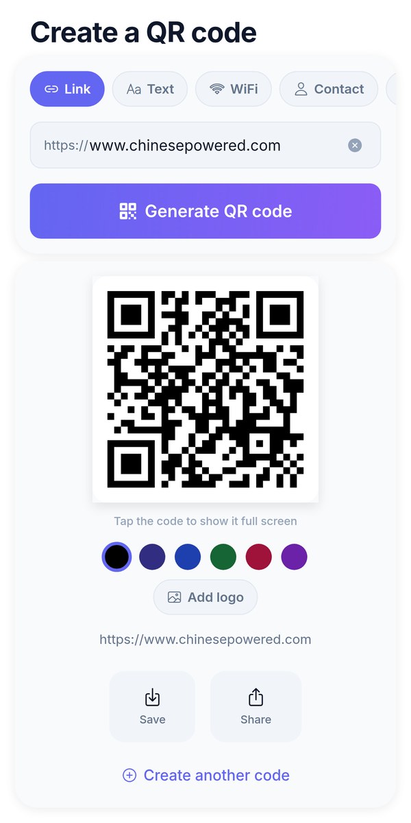 The Create tab: a link typed in, a finished QR code with six color presets, and Save and Share buttons