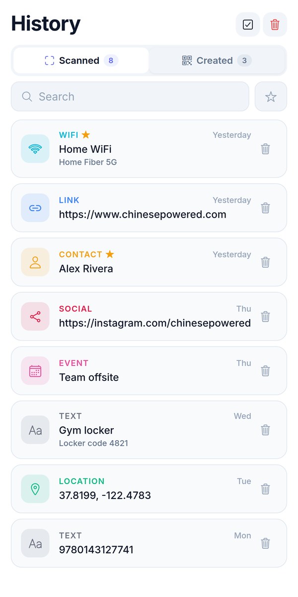 The History tab: a searchable list of scanned codes — WiFi, link, contact card, social link, calendar event, text and location — with labels and favorites