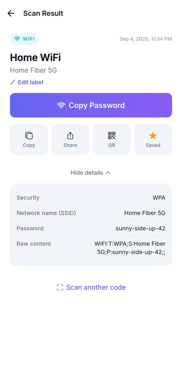 A scanned WiFi code showing its full contents — network name, security type, password and raw content — before any action