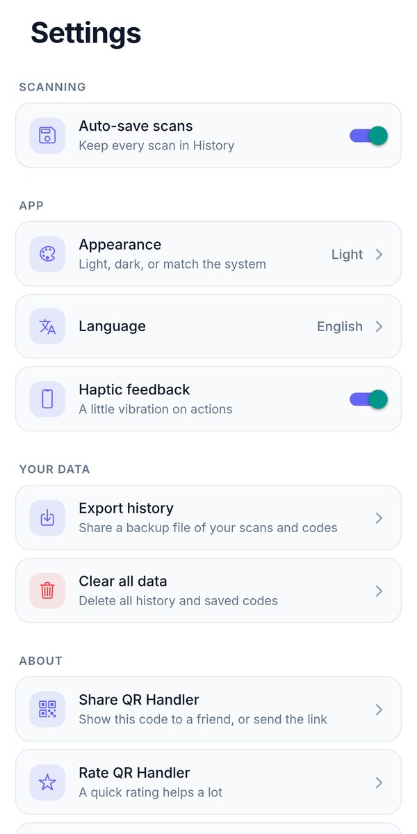 The Settings tab: auto-save, appearance, language, haptics, export history and clear all data